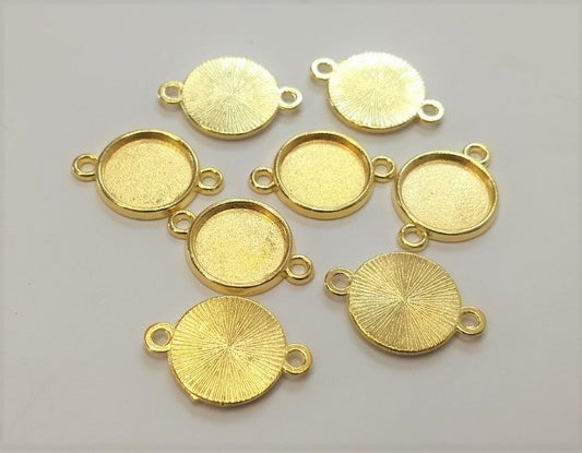 P014 - 10 pcs. Gold Plated Circle Round Bezel Cabochon Cameo Connector Tags Trays - 12mm Glue Pad - Made of Alloy