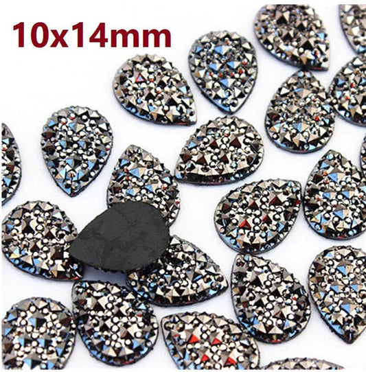 CA886 - 10 pcs Druzy Resin Embellishment Cabochons Gunmetal - 14mm x 10mm - Shimmer Style - Teardrop
