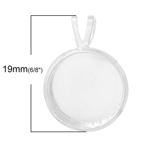 P478 - 10 pcs. Silver Plated Circle Round Bezel Cabochon Pendant Tags Trays - 12mm Glue Pad - 19x14mm - Double Loop