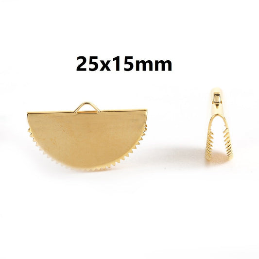 CR057 - 10 pcs. Gold Plated Half Round Ribbon Crimp End Caps - 25mm x 15mm - Great to make tassels and dangles! With teeth