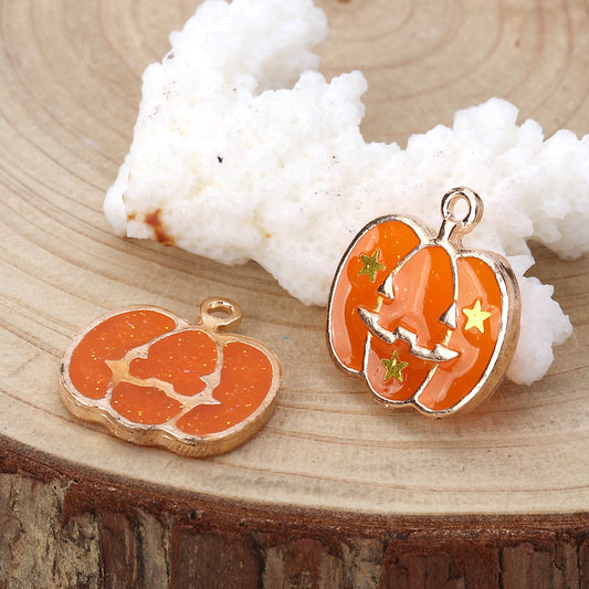 P1012 - 10 pcs. Gold Plated Halloween Pumpkin Jack O Lantern Enamel Charms - 20mm - Double Sided