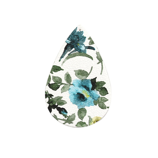 P875 - 10 pcs. White and Blue Floral Faux Leather Dangle Charms Pendants - Teardrop - 56mm (2.2") - Double Sided - Great for Earrings, Necklaces or Dangles