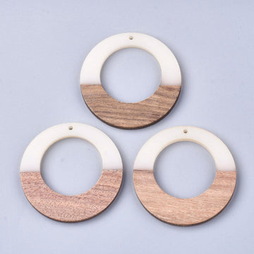 P2216 - 4 pcs. White Clear Resin and Wood Hoop Flat Pendant - 49mm - (1.93")- LARGE - Great for Earrings and Necklaces!
