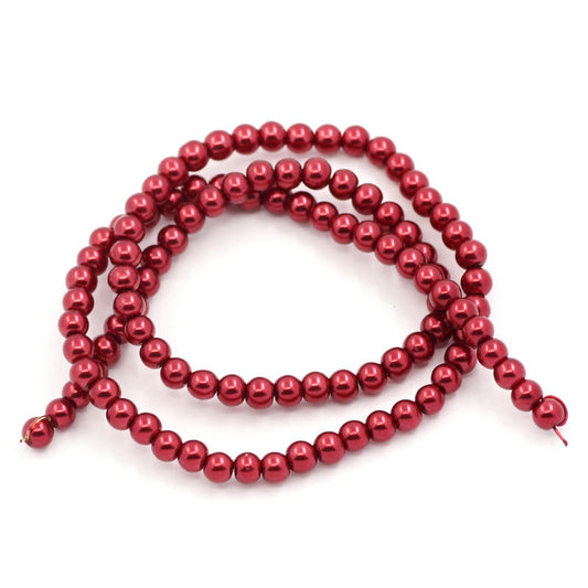BD699 - 4mm Red Glass Pearl Imitation Round Beads - 32 inch strand - Approx. 210 beads per strand - Hole Size: 1mm