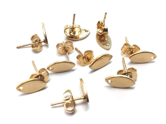 E770 - 10 pcs. (5 pairs) 304 Stainless Steel Oval Earring Posts/Bases/Studs/Settings with Backs - 10mm x 5.5mm - Hole for Dangles - Golden