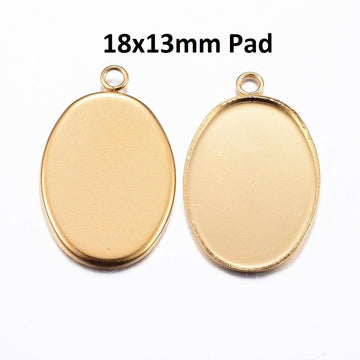 P1084 - 10 pcs. 304 Stainless Steel Oval Bezel Cabochon Pendant Trays - Smooth - 18mm x 13mm Glue Pad - Golden - Tarnish Resistant!