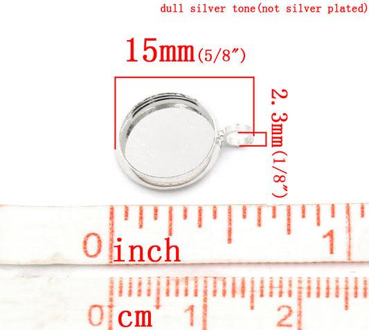 P425 - 10 pcs. Silver Tone Circle Round Bezel Cabochon Pendant Tags Trays - 10mm Glue Pad - 15x12mm