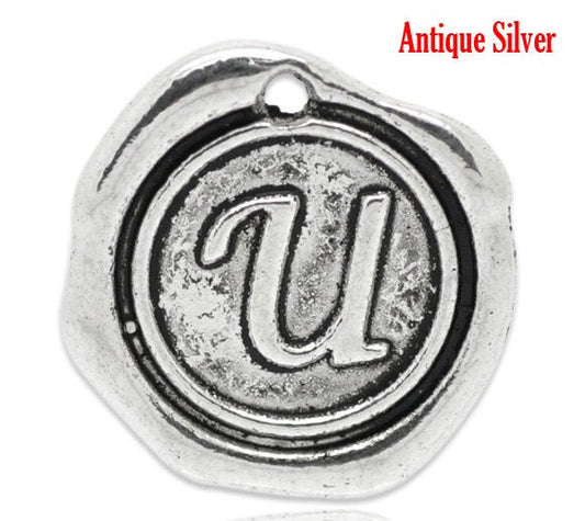 P684 - 40 pcs. Antique Silver LARGE Letter "U" Alphabet Letter - 18mm x18mm - Wax Design