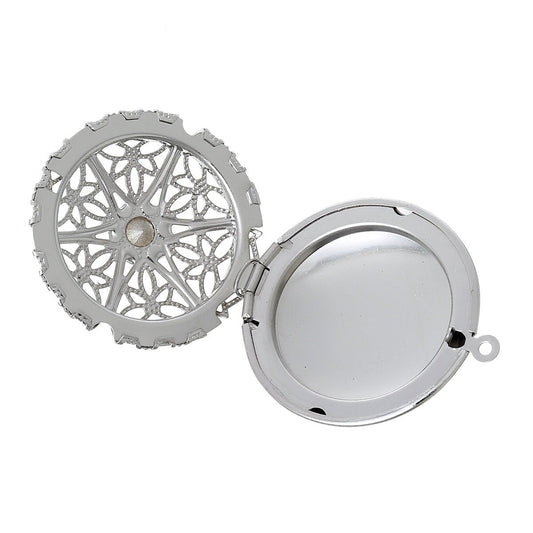 P760 - 3pcs. Silver Tone Carved Round Perfume Diffuser Pendant Photo Picture Locket Box with Rhinestone- 36mm X 32mm - Fits 24mm Images - It opens