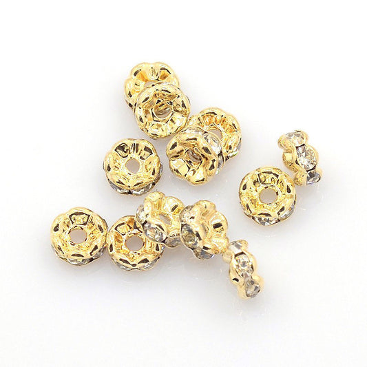 BD589 - 20 pcs Golden Clear Rhinestone Rondelle Spacer Beads - 6mm x 3mm - Grade AAA - Hole Size: 1mm - Curved Edge - Wavy Edge - Dull Light Gold