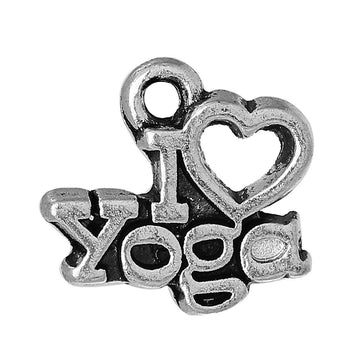 P260 - 10pcs. Antique Silver "I love (heart) yoga" Carved Charms Pendants - 14mm x 13mm (0.55" x 0.51")