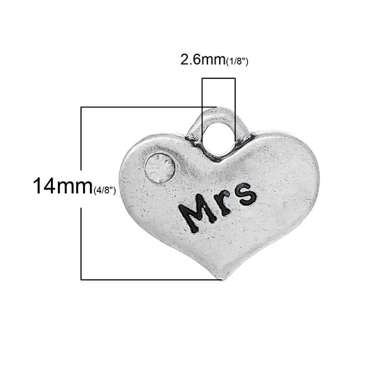 P079 - 4 pcs. Antique Silver "Mrs" charm with rhinestone - 16mm X 14mm
