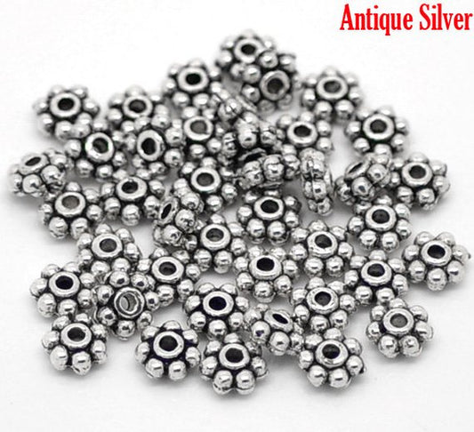 BD521A - 100 pcs Antique Silver Snowflake Daisy Spacer Beads- 5mm