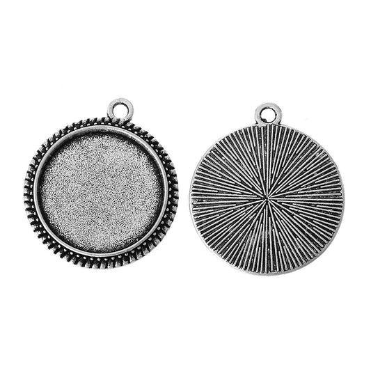 P479 - 10 pcs. Antique Silver Circle Round Bezel Cabochon Pendant Tags Trays - 16mm Glue Pad Settings - Design B