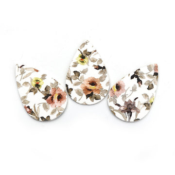 P876 - 10 pcs. White and Orange Floral Faux Leather Dangle Charms Pendants - Teardrop - 56mm (2.2") - Double Sided - Great for Earrings, Necklaces or Dangles