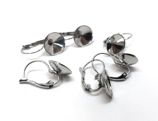 E718 - 10 pcs. (5 pairs) 304 Stainless Steel Earring Lever Back Clips - Pointed Back Cone Posts - Silver - For 12mm Round Back Cabochons