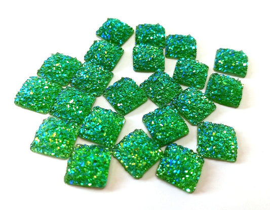 CA790 - 10 pcs Druzy Resin Embellishment Cabochons Green Multicolor AB - 12mm - Square - Dome Style