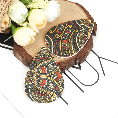 P794 - 10 pcs. Black and Yellow Multicolor Filigree Floral Faux Leather Dangle Charms Pendants - Teardrop - 56mm (2.2") - Double Sided