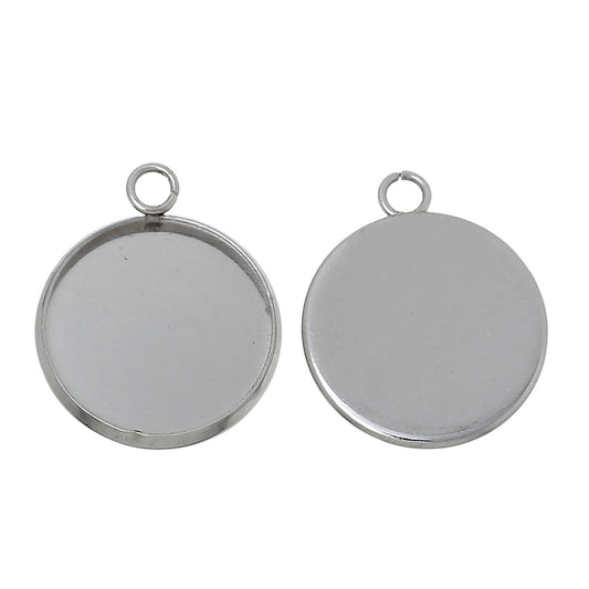 P741 - 10 pcs. 304 Stainless Steel Pendant Circle Posts Settings Bezels Cabochons - 14mm Glue Pad Setting - Hypoallergenic