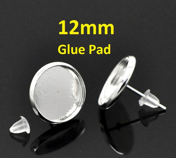 E111C - 1000 pcs. Silver Plated Earring Posts Studs Settings Bezels Cabochons Tacks- 12mm Glue Pad Setting