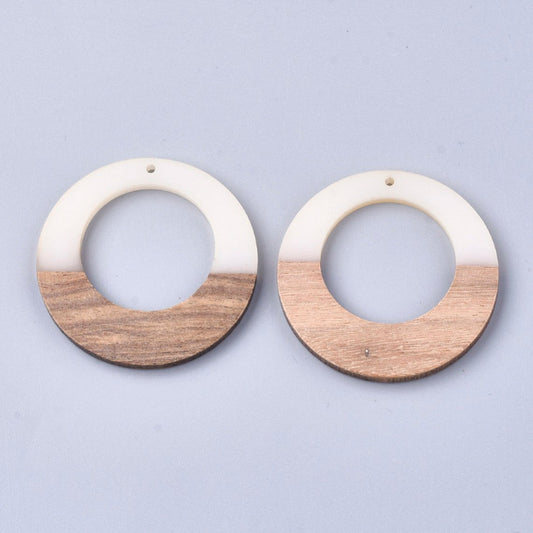 P2216 - 4 pcs. White Clear Resin and Wood Hoop Flat Pendant - 49mm - (1.93")- LARGE - Great for Earrings and Necklaces!