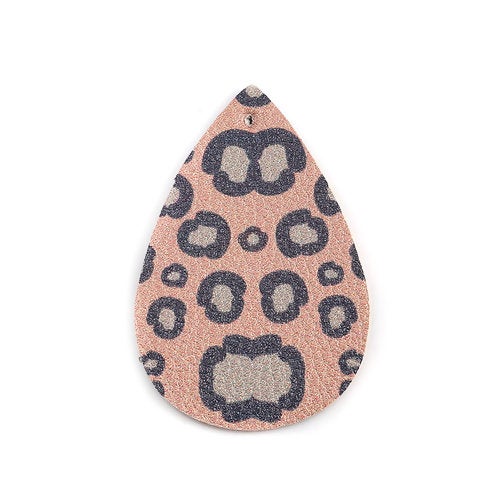 P1050 - 10 pcs. Leopard Faux Leather Dangle Charms Pendants - Teardrop - Black and Pink - 54mm (2.13") - Double Sided