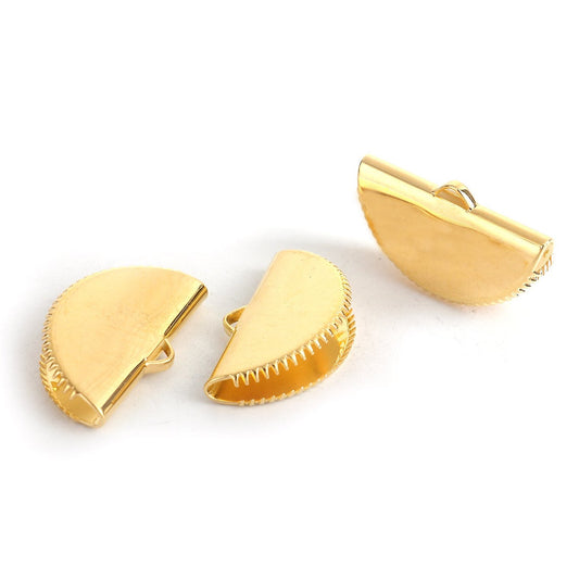 CR057 - 10 pcs. Gold Plated Half Round Ribbon Crimp End Caps - 25mm x 15mm - Great to make tassels and dangles! With teeth