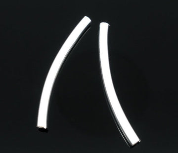 BD459 - 100 pcs. Silver Plated Noodle Tube Long Thin Smooth Curved Beads - 30mm x 2.5mm (1 1/8") - Made of Copper! High Quality! Hole Size: 2mm