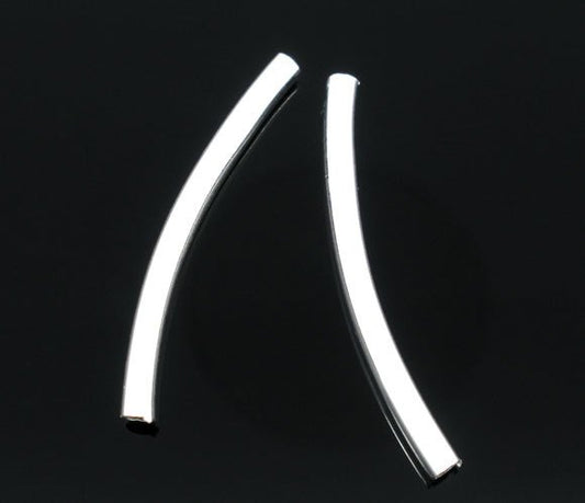 BD459 - 100 pcs. Silver Plated Noodle Tube Long Thin Smooth Curved Beads - 30mm x 2.5mm (1 1/8") - Made of Copper! High Quality! Hole Size: 2mm