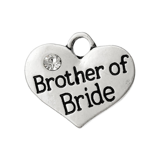 P080 - 4 pcs. Antique Silver "Brother of Bride" charm with rhinestone- 16 mm X 14 mm