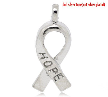P282 - ON SALE - 15 pcs. Silver Tone Hope Breast Cancer Awareness Charm Pendants - 19x8mm