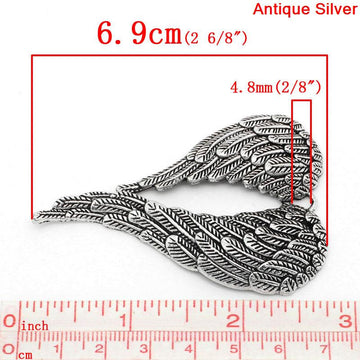 P824 - 10 pcs. EXTRA LARGE - Antique Silver Angel Wing Carved Wing Charms Pendants - 69mm X 47mm (2.71" x 1.85")