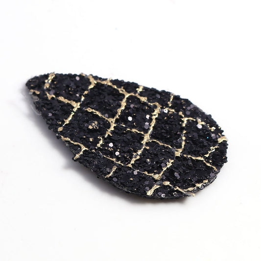 FL0008 - 10 pcs Black Gold Lines Glitter Faux Leather Dangle Pendants - Teardrop - 30mm (1.18") - Great for Earrings and Dangles! Double Sided