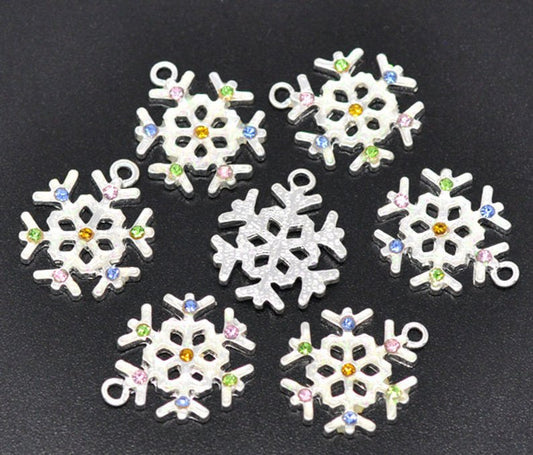 P293 - 10 pcs. Silver Plated Assortment of Snowflake Christmas Charms Pendants - 22x19mm - with Rhinestones