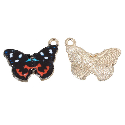 P582 - 10 pcs. Gold Plated Multicolored Black, Red and Blue Butterfly Charms Pendants - 20mm x 15mm - Hole Size: 1.6mm - Butterflies