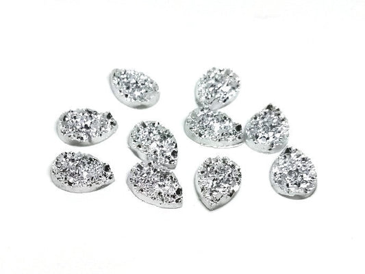 CA667 - 10 pcs Druzy Resin Embellishment Cabochons Silver - 14x10mm - Teardrop - 14mm x 10mm - 3mm Thick