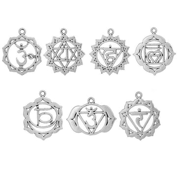 P427 - 7 pcs Antique Silver Tone Chakra Charms Pendants - 37mm x 33mm (1 1/1" x 1 1/4") - 32mm x 26mm (1 1/4" x 1") - Assortment