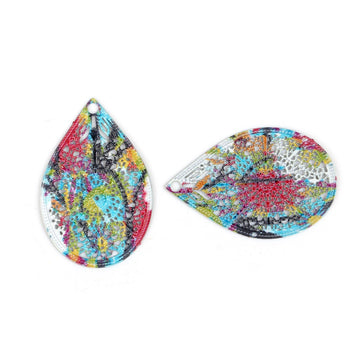 P651 - 10 pcs. Multicolor Teardrop Metal Enamel Dangle Charms Pendants - 26mm x 17mm - 1.1" - Teal Stem - Great for Earrings, Dangles