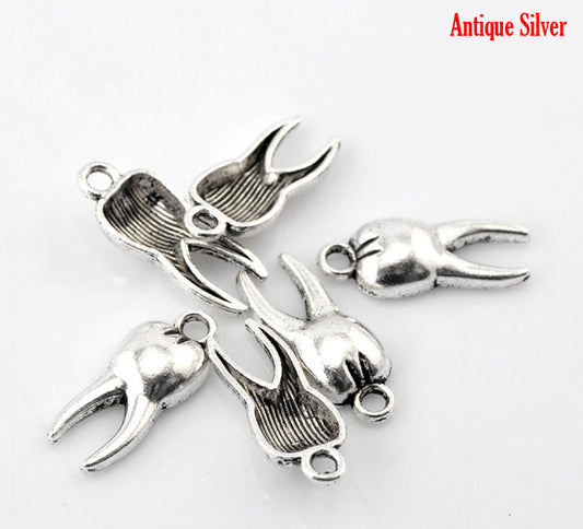 P209 - 10pcs. Antique Silver Anatomical Teeth Molars Charms Pendants - 20mm X 8mm (3/4" x 3/8")