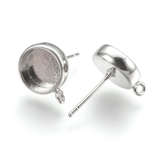 E361 - 4 pcs. Silver Tone Earring Posts Studs Settings Bezels Cabochons Tacks with Perpendicular Loop - 8mm Glue Pad Setting - Made of Brass