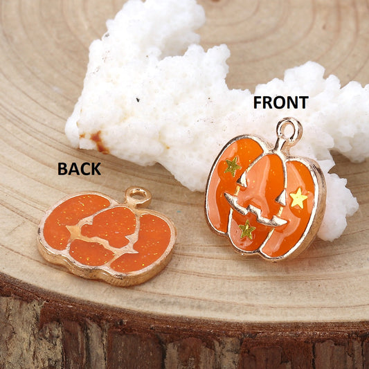 P1012 - 10 pcs. Gold Plated Halloween Pumpkin Jack O Lantern Enamel Charms - 20mm - Double Sided