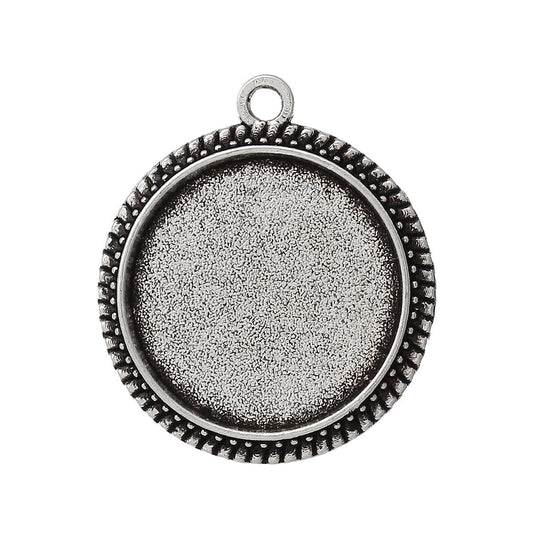 P479 - 10 pcs. Antique Silver Circle Round Bezel Cabochon Pendant Tags Trays - 16mm Glue Pad Settings - Design B