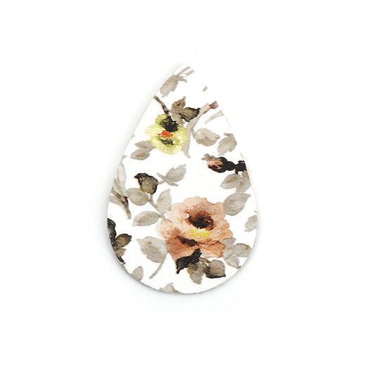P876 - 10 pcs. White and Orange Floral Faux Leather Dangle Charms Pendants - Teardrop - 56mm (2.2") - Double Sided - Great for Earrings, Necklaces or Dangles
