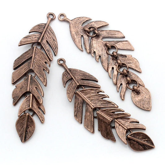 P294 - 3 pcs. LARGE - Antique Copper Leaf Chain Feather Charms Pendants - 62mm X 17mm (2.44" x 0.67")
