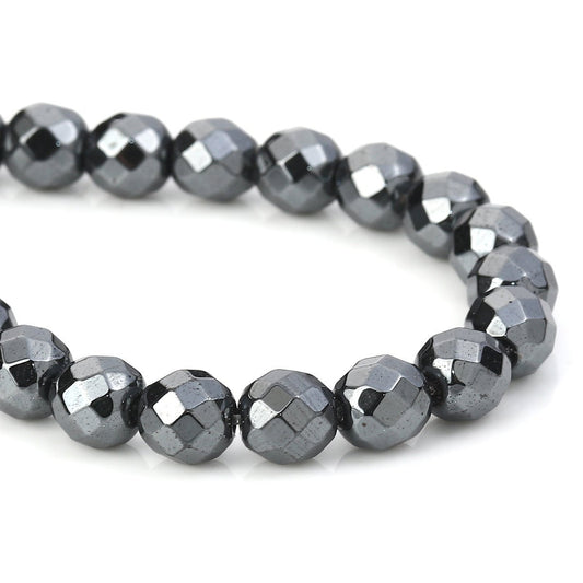 BD358 - 50 pcs. - 8mm Gunmetal Black Hematite Faceted Round Beads - 15 6/8 inch strand (40cm) - 0.9mm Hole Size - Grade A