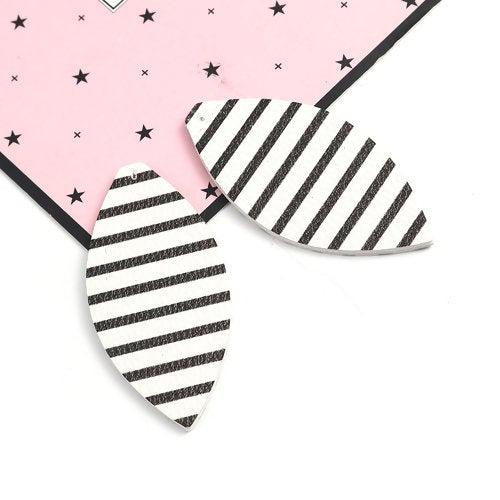 P1093 - 10 pcs. White with Black Stripes Faux Leather Dangle Charms Pendants - Marquise - 68mm (2.7") - Great for Earrings &amp; Dangles! Double Sided