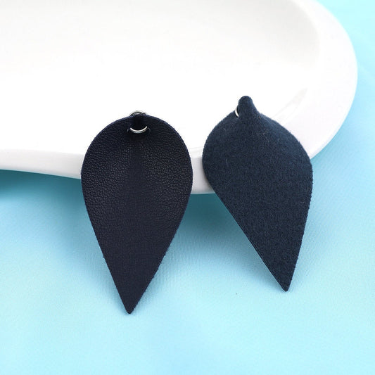 P616 - 10 pcs Dark Blue Faux Leather Dangle Charms Pendants - Pinch Leaf - Silver Tone Jump Ring - 63mm (2.5") - Great for Earrings or Dangles