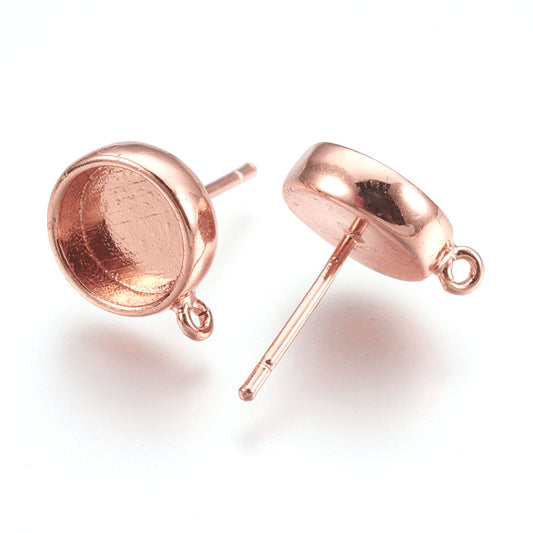 E362 - 4 pcs. Rose Gold Earring Posts Studs Settings Bezels Cabochons Tacks with Perpendicular Loop - 8mm Glue Pad Setting - Made of Brass