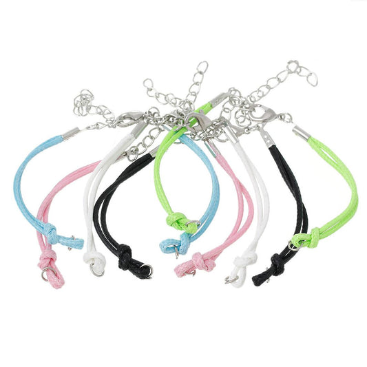 B091 - 10 pcs. Assortment of Nylon String Cord Cord Bracelets - (14.3 cm) - 5.6" - Silver Tone Clasps, Jump Rings and Chain - Great for connectors!