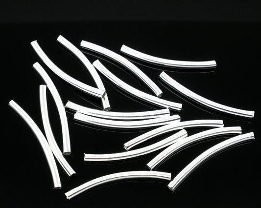 BD459 - 100 pcs. Silver Plated Noodle Tube Long Thin Smooth Curved Beads - 30mm x 2.5mm (1 1/8") - Made of Copper! High Quality! Hole Size: 2mm